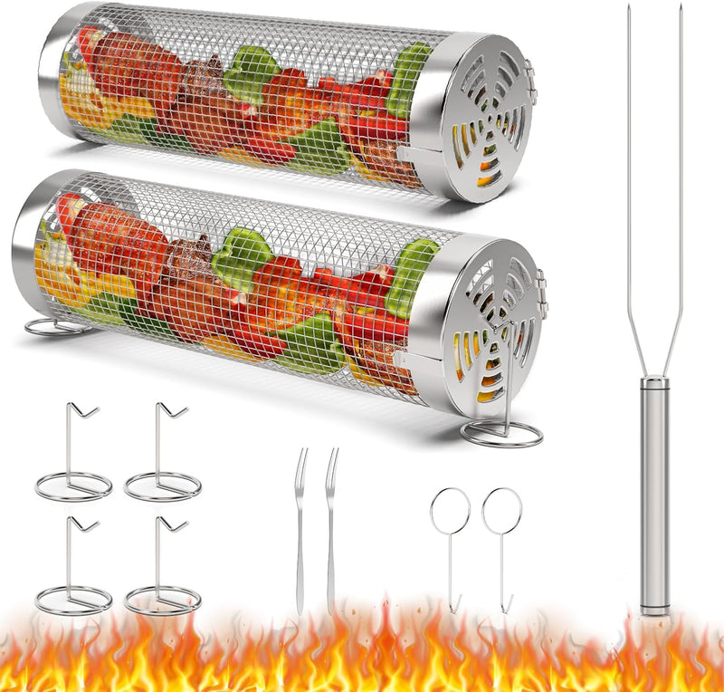 iHomara 2PCS Rollendes Grillkorb-Set, Tragbarer Gitter Grillkäfig mit Gabel, Kochen BBQ Zubehör für