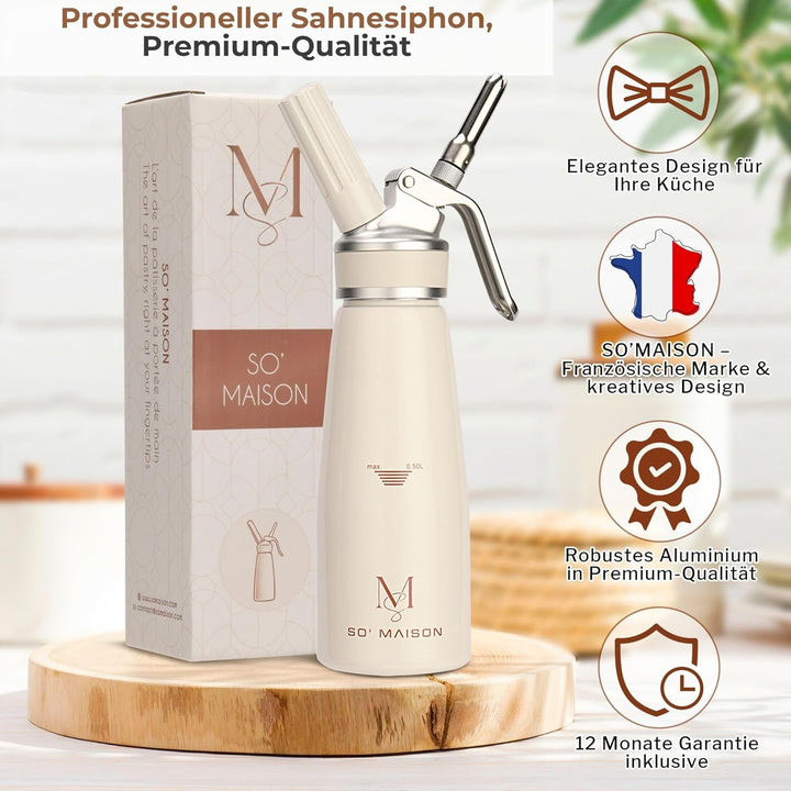 SO'MAISON Siphon Chantilly, 500 ml, cremefarbenes Vintage-Design, Rezeptbuch zum Nachfüllen – Siphon