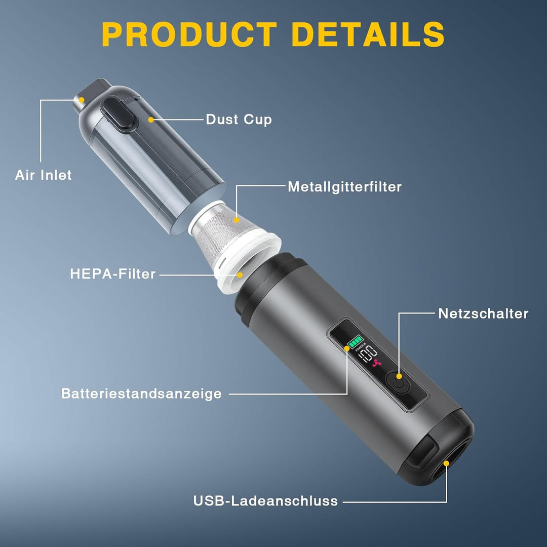 ERWEY Handstaubsauger, 16000Pa Akku Staubsauger Kabellos, 4-in-1 Multifunktionaler Autostaubsauger S