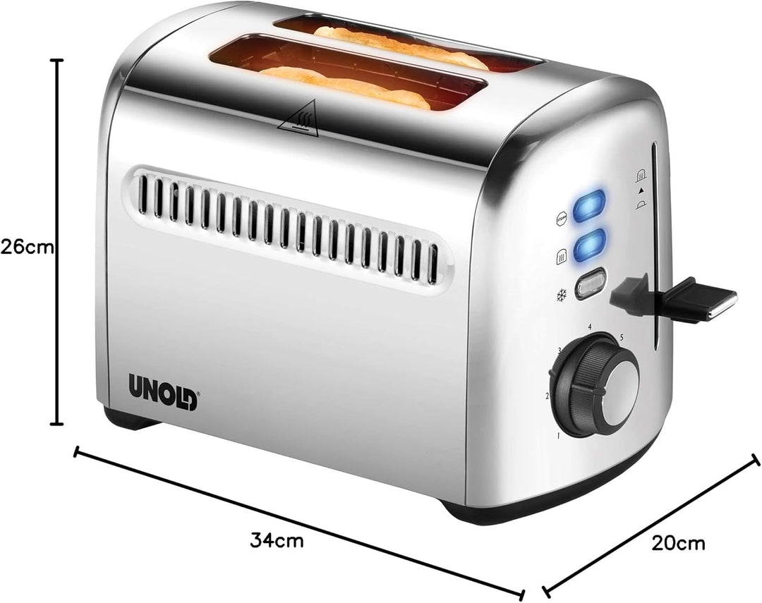 Unold 38326 Toaster 2er Retro - 2 Scheiben-Toaster, Retro, Edelstahl, 4 Funktionen, Brötchenaufsatz,