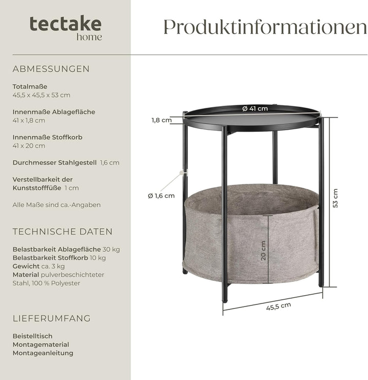 tectake® Tisch rund, Beistelltisch Metall, Kleiner Tisch, Couchtisch mit Stauraum, Coffee Table für