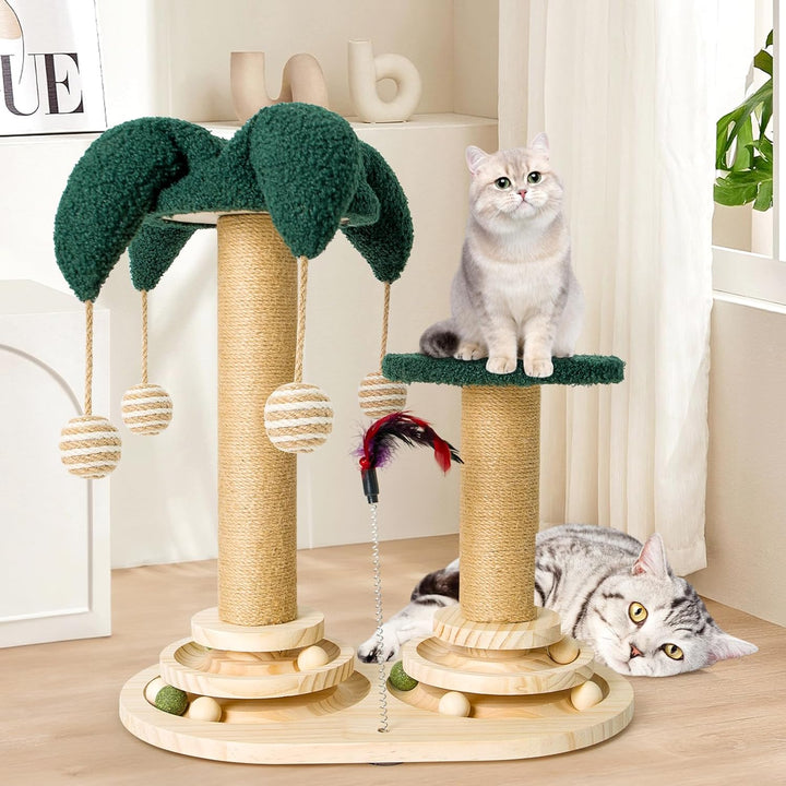 6 in 1 Interaktives Katzenspielzeug, Holz Katzenmöbel mit Hängenden Kugeln, Federn, Drehbar Smart Tr