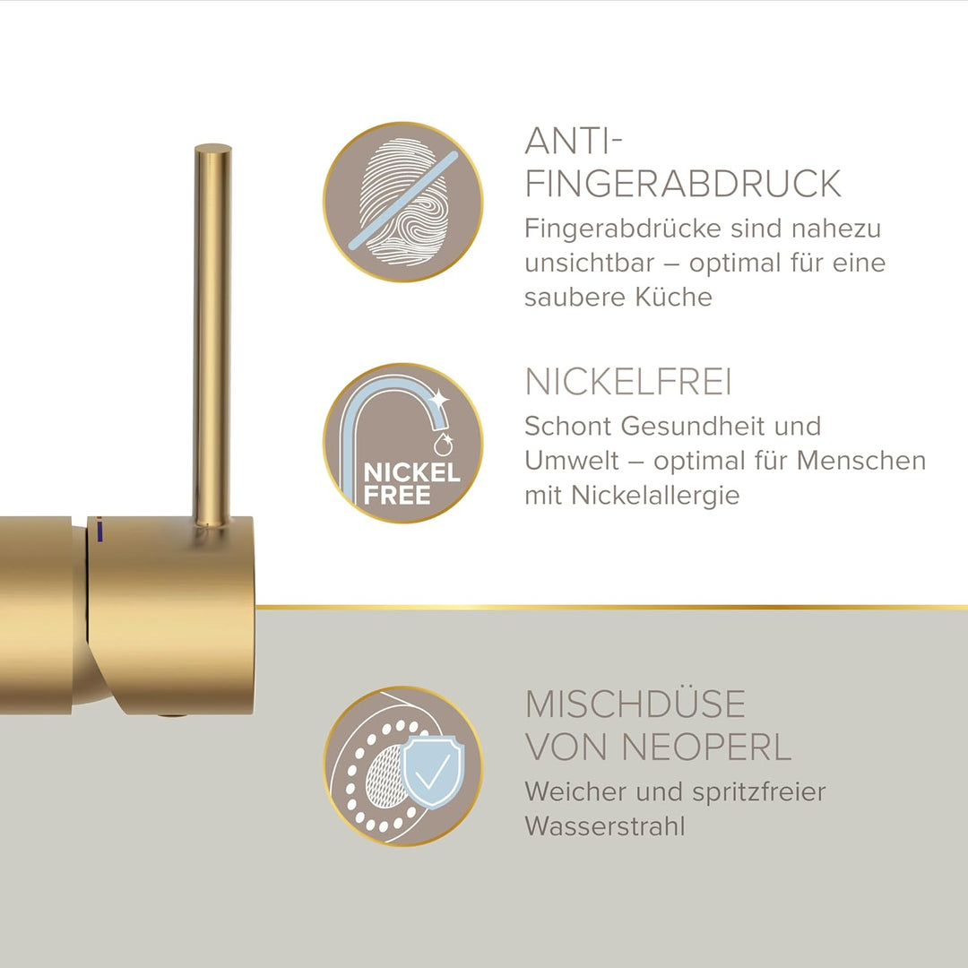 Lenz Küchenarmatur KALANI² in Gold-Optik – Pendelbrause mit 2 Strahlarten & 360° schwenkbarer Bogena