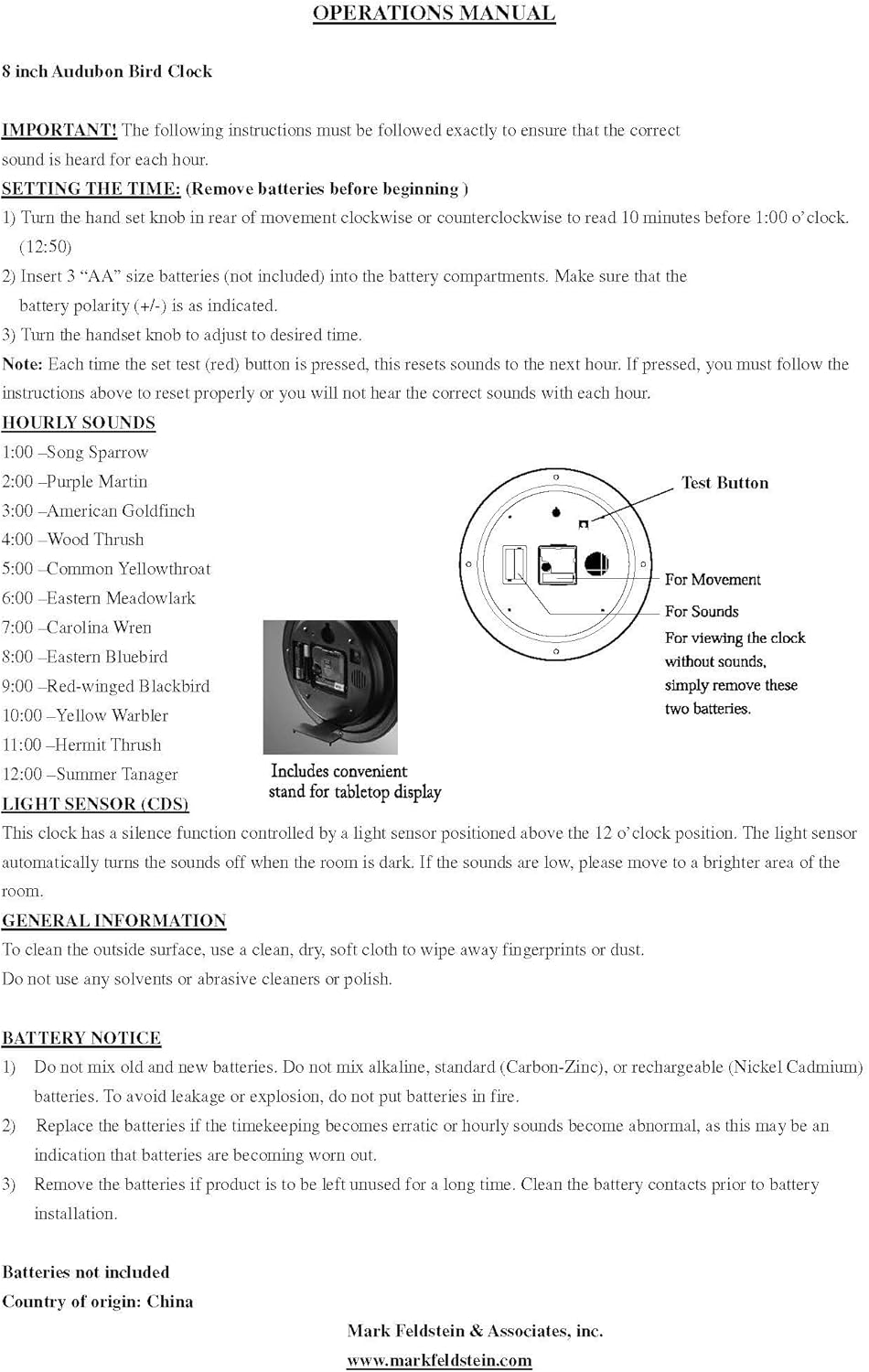 Mark Feldstein & Associates Audubon Singing Bird Wanduhr, Schreibtischuhr, 20,3 cm 8" Grün, 8" Grün