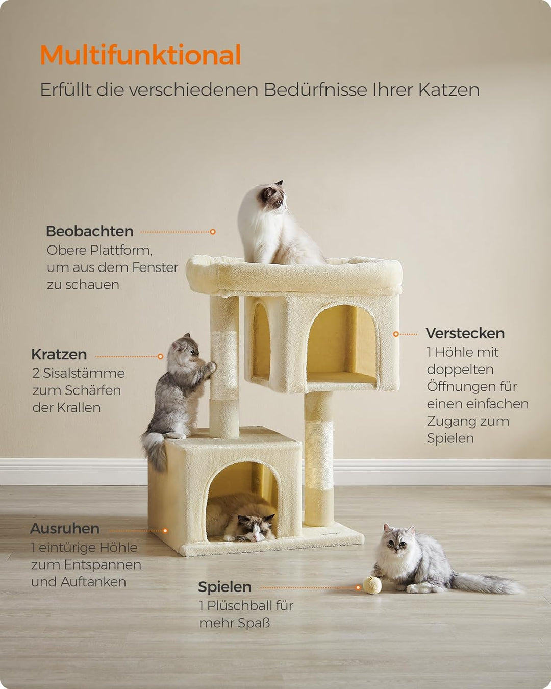 Feandrea Kratzbaum, 101 cm Katzenbaum, XL, Katzenhaus für extra grosse Katzen bis zu 20 kg, grosse P