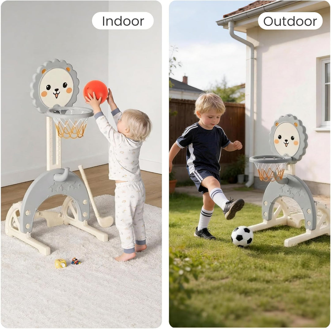 3-in-1 Kinder Basketballkorb Set, Höhenverstellbarer Basketballständer mit Fussballtor und Ringwurf,
