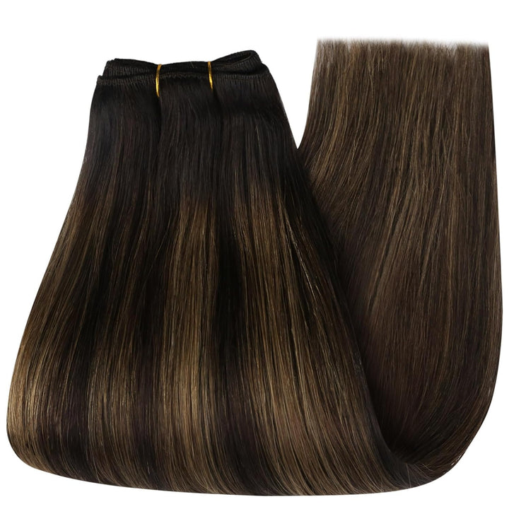 YoungSee Tressen Extensions Echthaar Ombre Echthaar Tressen zum Einnahen Braun Balayage Weft Extensi