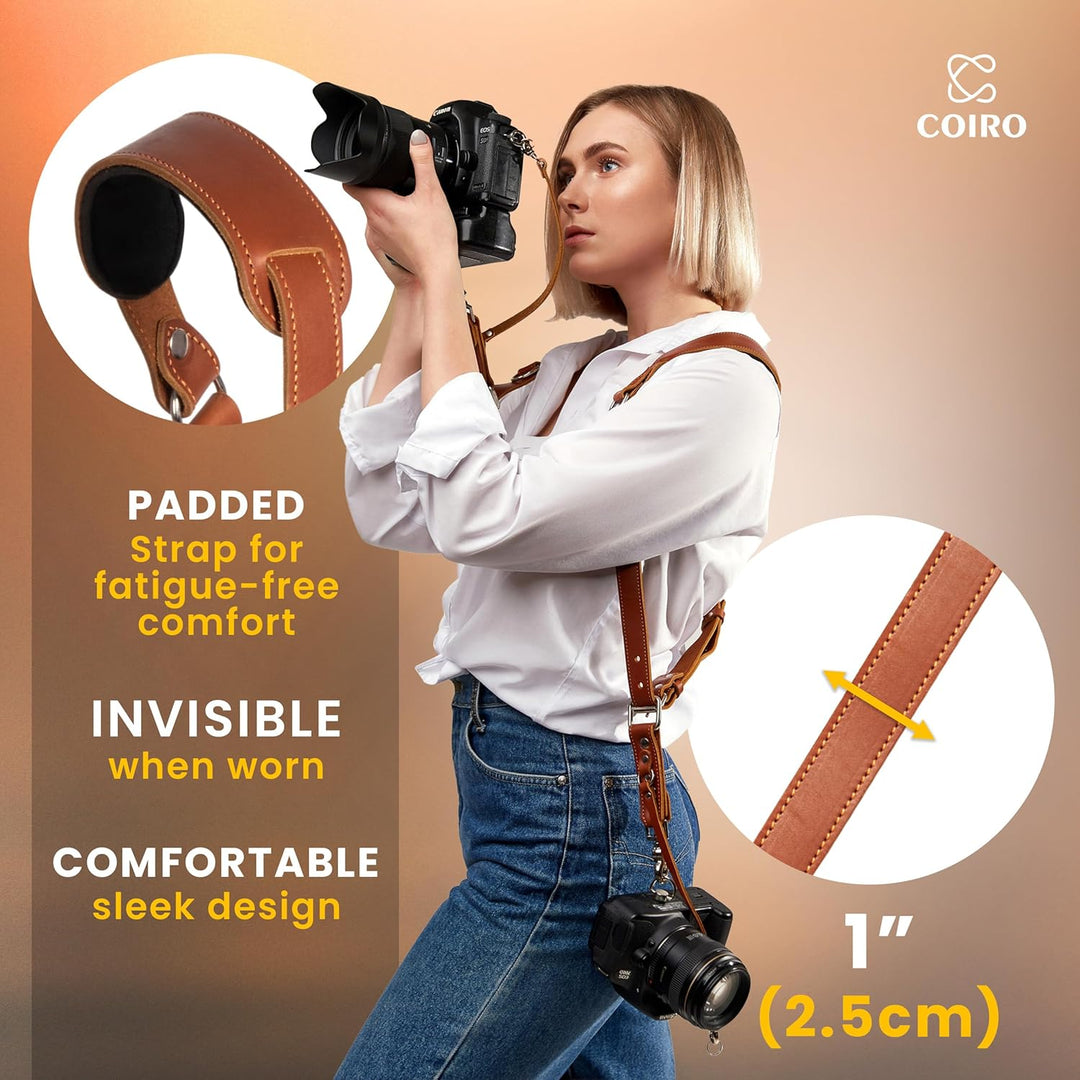 Slim Coiro Kamera-Zubehör Dual Harness Zwei Kameras - Schultergurt Leder Skinny Hellbraun, Skinny He