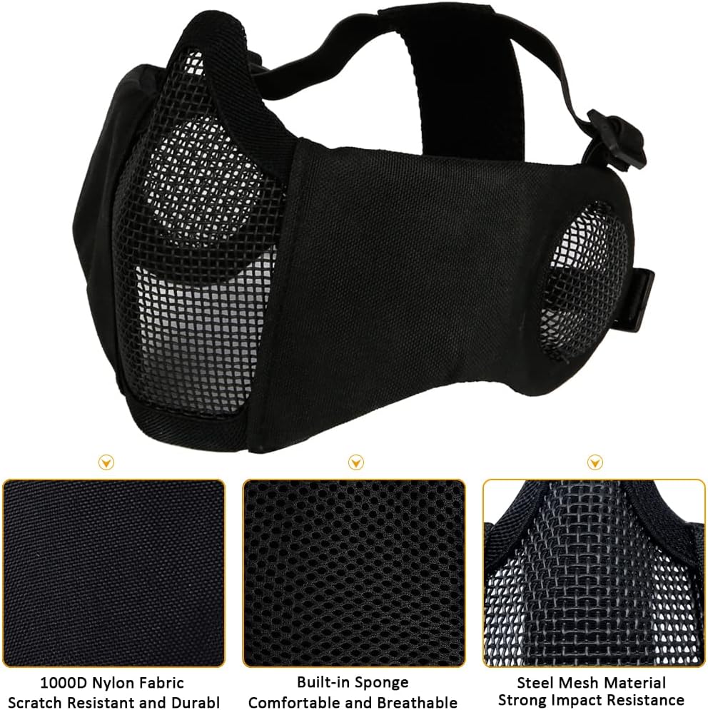 Hodeacc Airsoft-Maske und Brille, Halbgesichtsmaske aus Metallgeflecht, mit Ohrenschutz, Anti-UV-Air