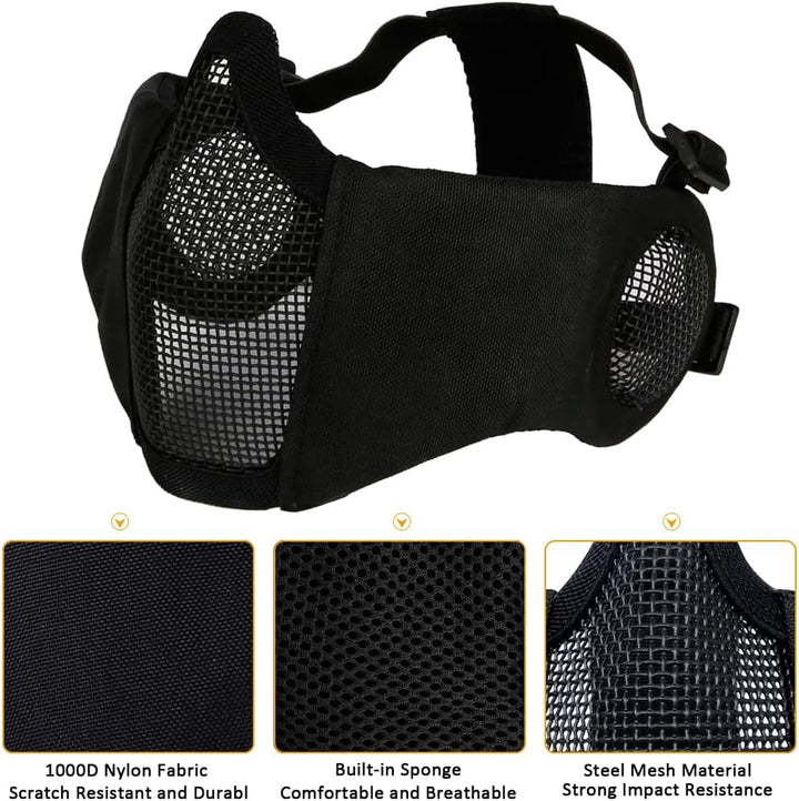 Hodeacc Airsoft-Maske und Brille, Halbgesichtsmaske aus Metallgeflecht, mit Ohrenschutz, Anti-UV-Air