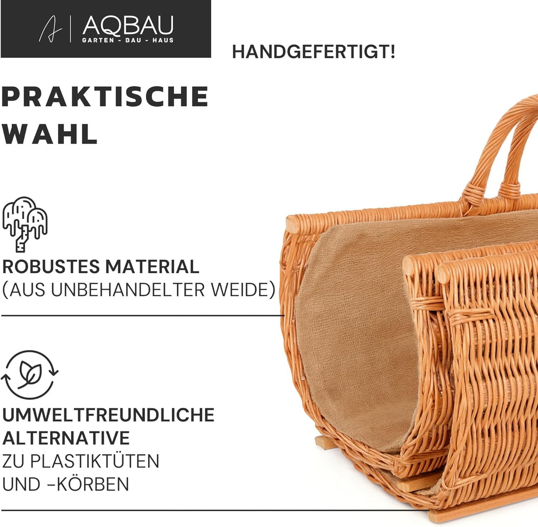 2er-Set Kaminholzkorb aus Weide mit Holzleisten und Jute-Einlage – Handgeflochtener Brennholzkorb fü