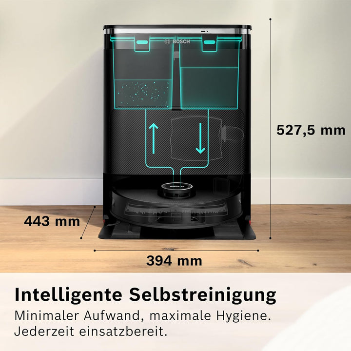 Bosch Spotless Max BCRDW3B Saugroboter mit Wischfunktion, 11.000 Pa Saugkaft, rotierende Wischpads,