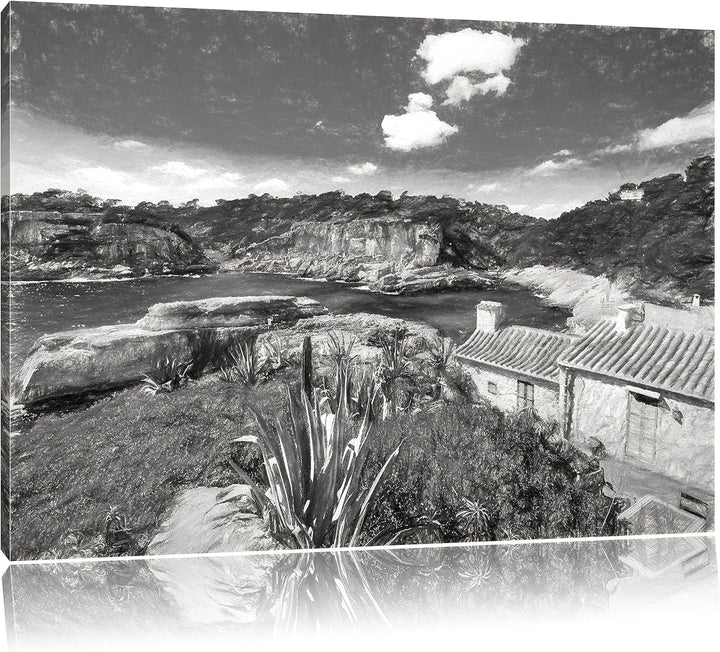 Pixxprint Ferienhaus an der spanischen Küste Kunst Kohle Effekt, Format: 100x70 auf Leinwand, XXL ri