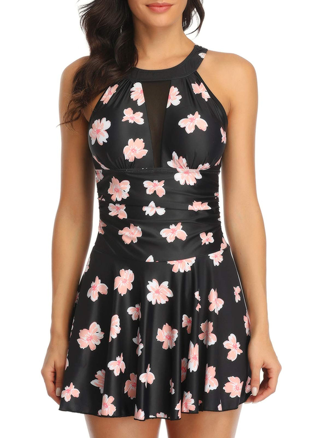 FLYILY Damen-Badeanzug mit hoher Taille Badeanzug mit Shorts Retro-Beachwear Neckholde Bademode Blac