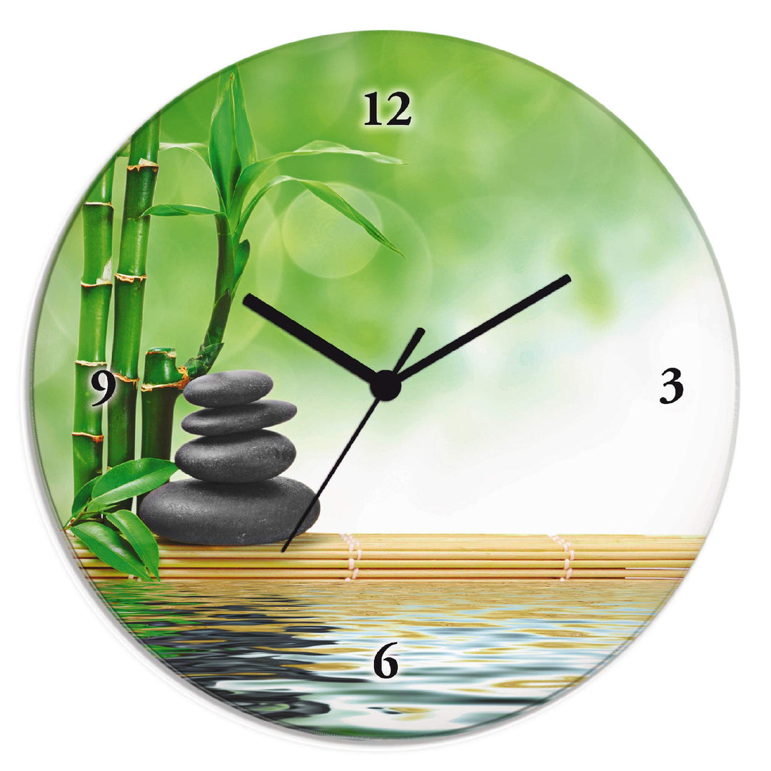 ARTLAND Wanduhr ohne Tickgeräusche Glas Funkuhr Ø 30 cm Rund Lautlos Zen Asiatisch Spa Steine See Yo