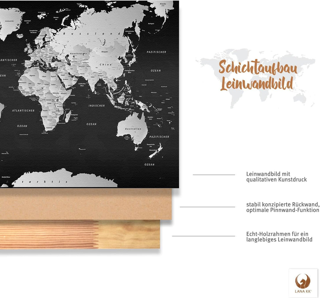 Stilvolle Pinnwand Weltkarte - SW - Deutsch in 120 x 80 cm, stabile Rückwand zum Pinnen inkl. Starte