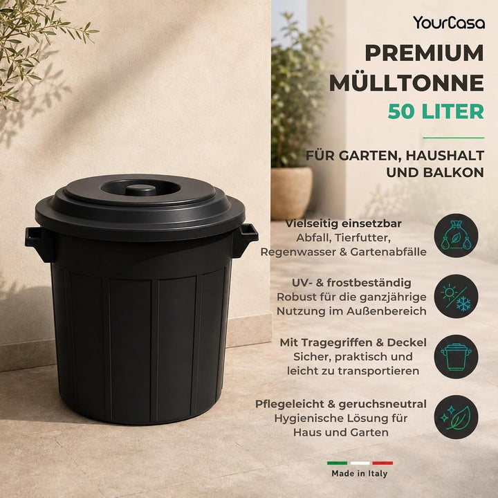 YourCasa Mülltonne 50L - Mülleimer mit Deckel verschliessbar - Tonne mit Trageriffen für Garten - Fu