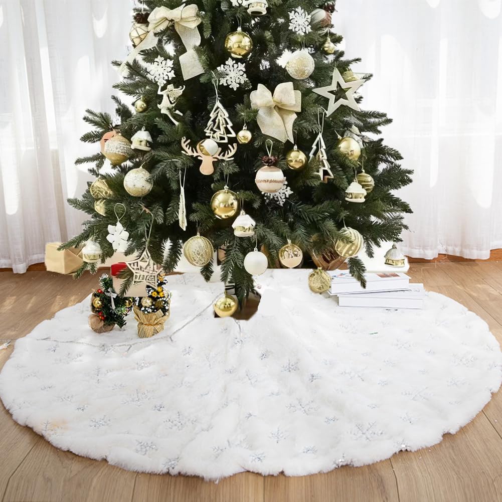 Weihnachtsbaum Rock Plüsch Rund Weichnachtsbaumdecke mit Pailletten Schneeflocke Christbaumständer T