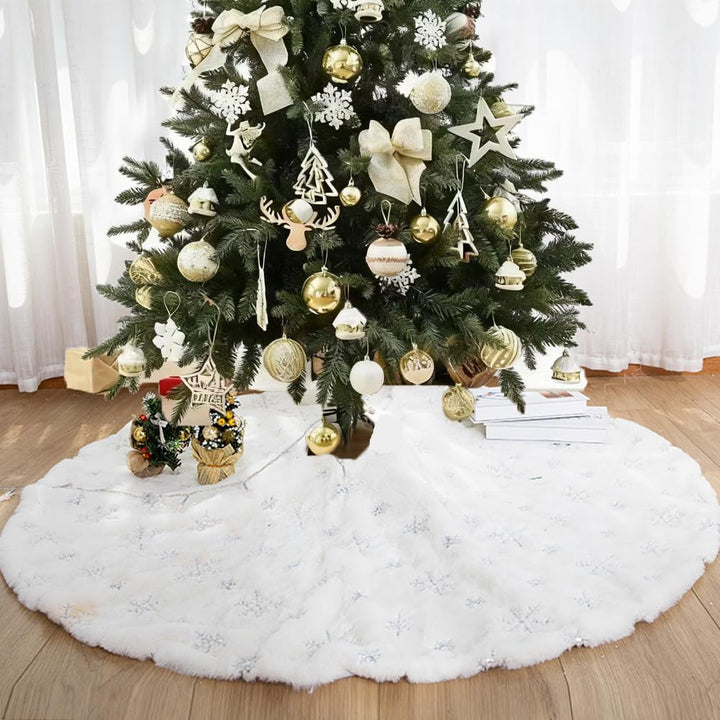 Weihnachtsbaum Rock Plüsch Rund Weichnachtsbaumdecke mit Pailletten Schneeflocke Christbaumständer T