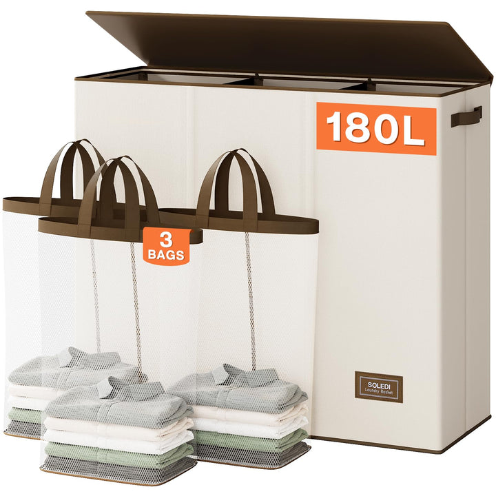 SOLEDI 180L Wäschekorb, Wäschesammler 3 fächer mit Deckel und 3 Wäschesack - Wäschesortierer Gross X