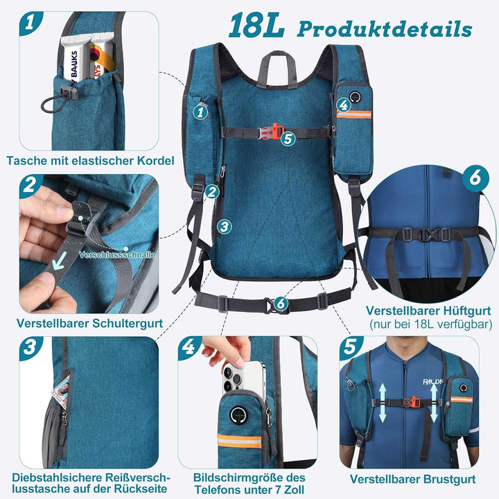 18L Wanderrucksack Herren Kleiner Rucksack Damen Leichter Daypack Tagesrucksack Faltbarer Trekkingru