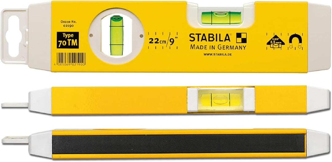 STABILA Torpedo-Wasserwaage Type 70 TM, 22 cm, leichtes Alu-Profil, Magnetstreifen, 1 Horizontal-Lib