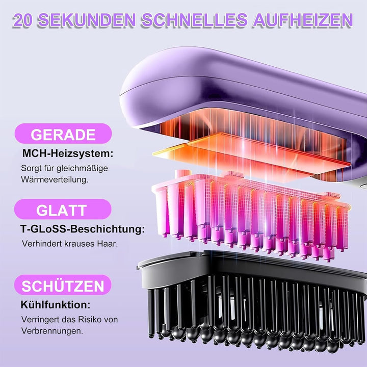 Kabellose Haarglätter Bürste - 3 Temperaturstufen, professionelle Keramikbeschichtung, Ionentechnolo
