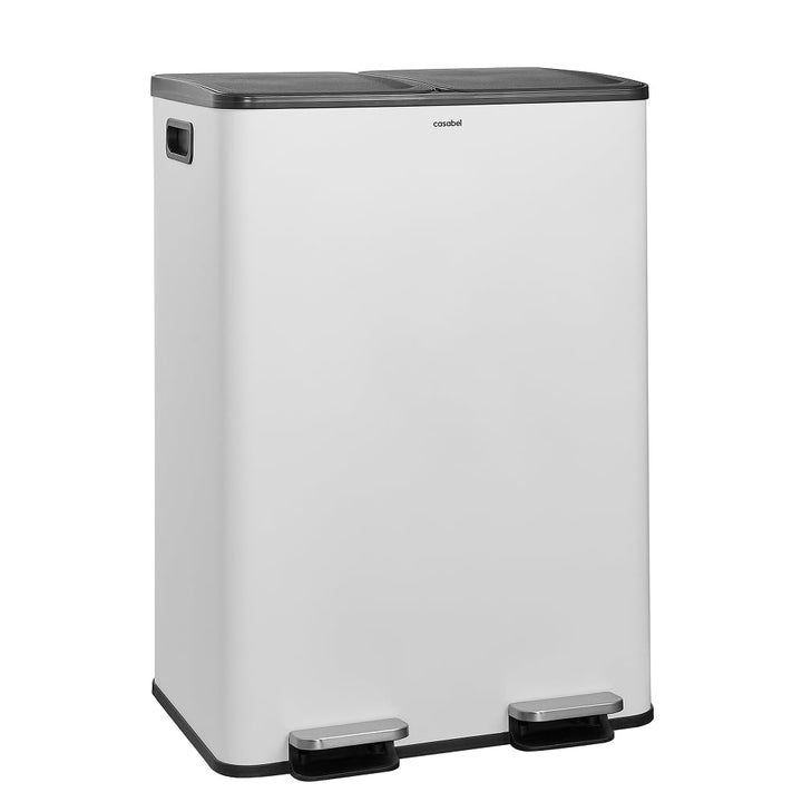 CASABEL Recycling-Mülleimer 60L - 2 x 30 Liter, Doppelfächer 2x30L, weisser Edelstahl, rechteckiger