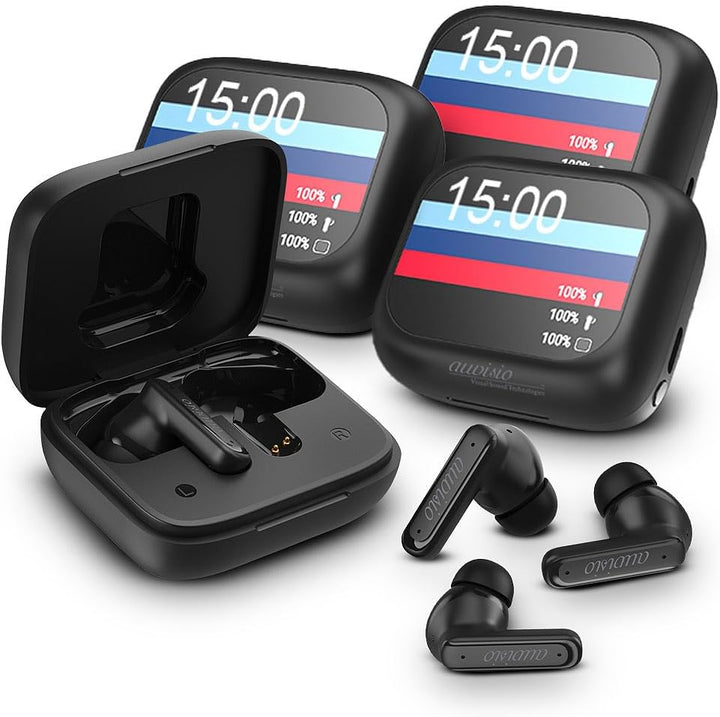 auvisio Wireless-Kopfhörer: 4er-Set Kabellose In-Ear-Kopfhörer mit Touchscreen-Ladecase &amp; ANC (Noise