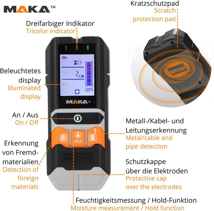MAKA 5-in-1 Leitungsdetektor und Feuchtigkeitsmesser - Multifunktionaler Wandscanner-Detektor für Ho