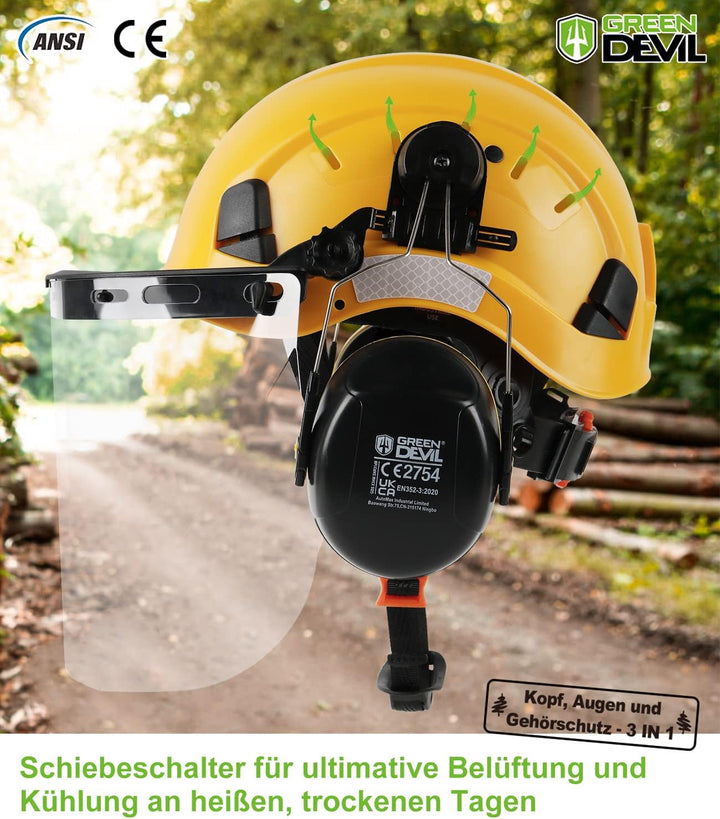 GREEN DEVIL Kettensägen-Schutzhelm Forstschutzhelm Sicherheitshelm mit Gehörschutz Ohrenschützer und