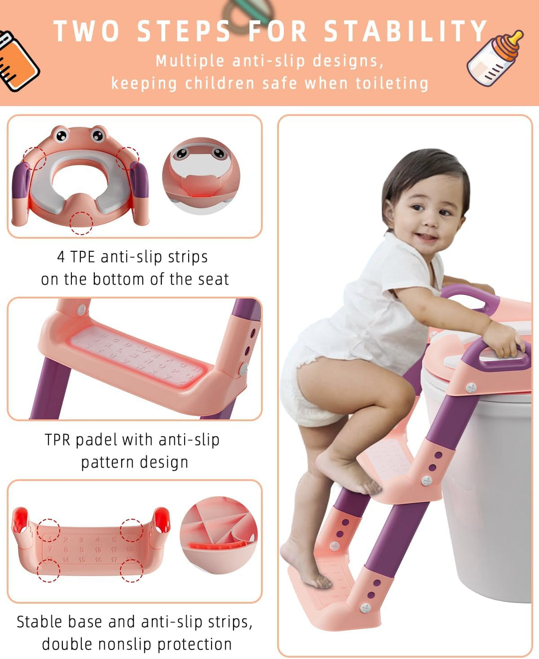 Toilettensitz Kinder mit Treppe, Toilettentrainer für Kinder, WC Sitz mit PU Gepolsterter, Höhenvers