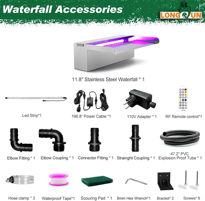 LONGRUN Edelstahl Wasserfall Überlauf, APP Kontrolle Multi-Farben LED-Licht Draussen Pool Brunnen, K