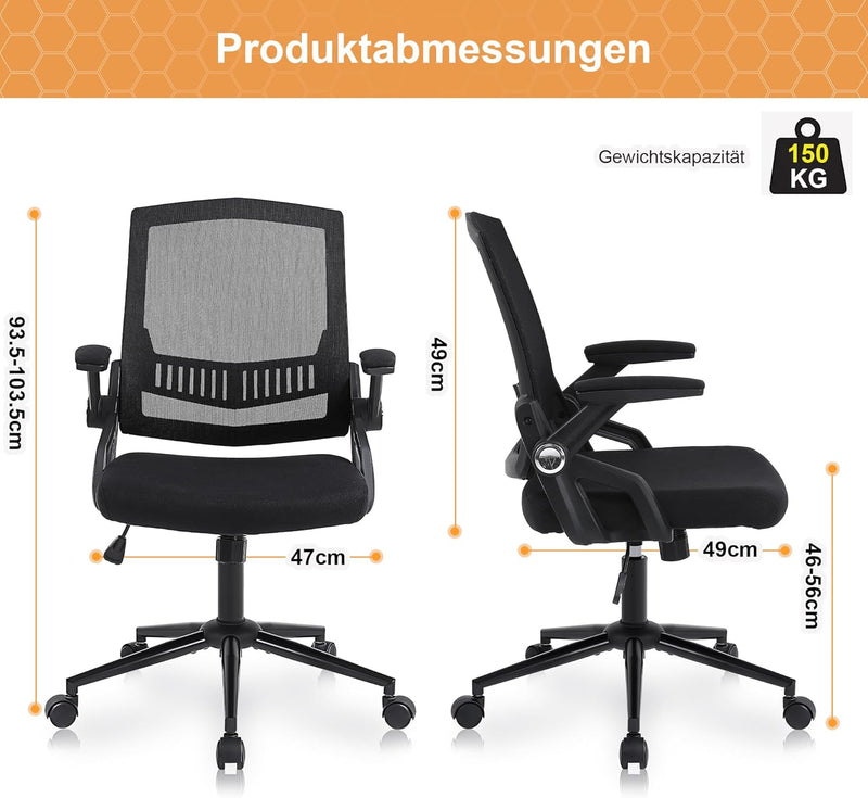 Youhauchair Bürostuhl, Schreibtischstuhl mit Hochklappbaren Armlehnen, Bürostuhl Ergonomisch mit Gep