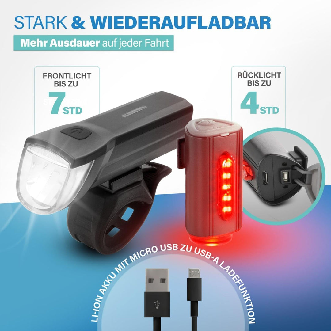 FISCHER Fahrrad-Beleuchtungsset 30/15 Lux, Akku-Leuchtenset TWIN, Front- und 360° Rückleuchte, mit A