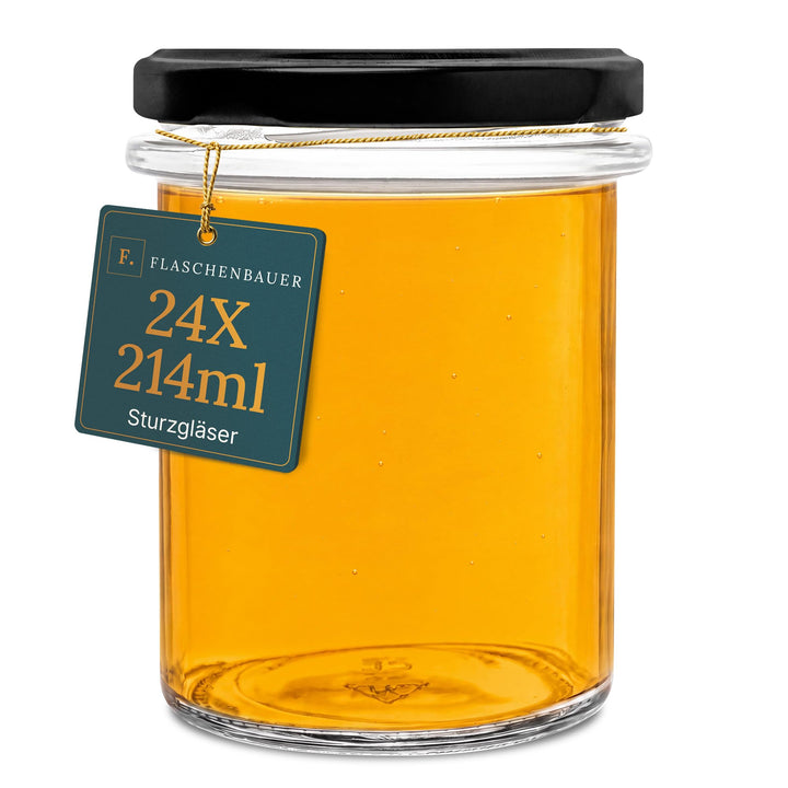 flaschenbauer.de BAUER 24er Set Sturzgläser 214 ml inkl. Schwarze Twist Off Deckel TO66 zum Einmache