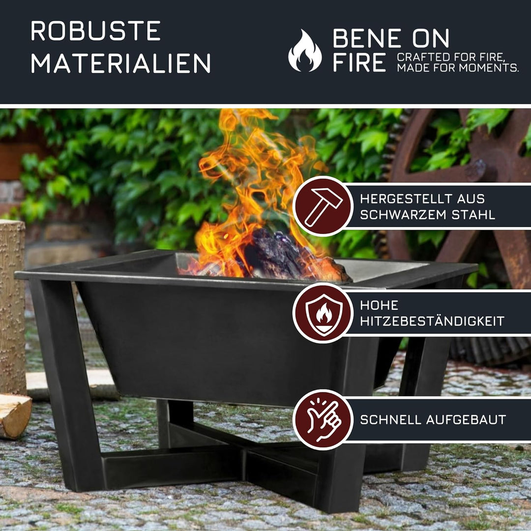 BENE ON FIRE Feuerschale 70x70 cm quadratisch Nevada | Feuerkorb aus robustem Stahl | Grosse Feuerst