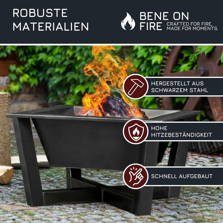 BENE ON FIRE Feuerschale 70x70 cm quadratisch Nevada | Feuerkorb aus robustem Stahl | Grosse Feuerst