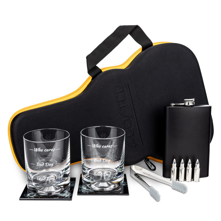 Froster Guitar Whisky Set – Who Cares, 2 Gläser mit Füllhöhen, Flachmann, 4 Whisky-Steine, Eiszange,