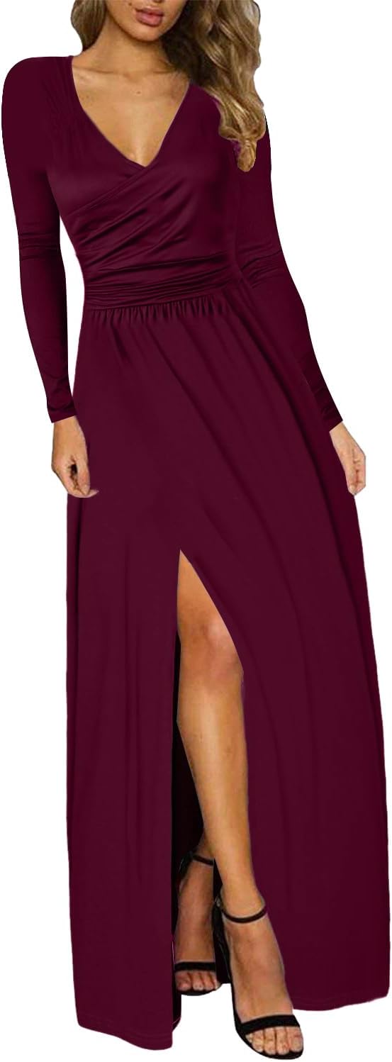 JENJON Damen Kleid 2.0 Elegant Langarm V-Ausschnit Tunika Maxikleider Casual Hohe Taille Saumschlitz