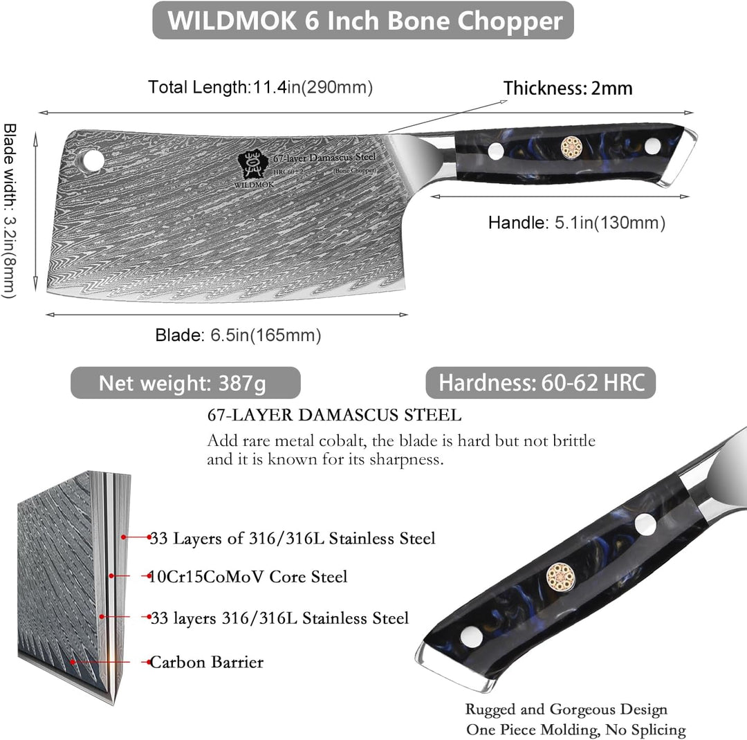 WILDMOK Fleischerbeilmesser, 16.5 cm Fleischbeilmesser, professioneller Metzgerhacker aus Damaststah