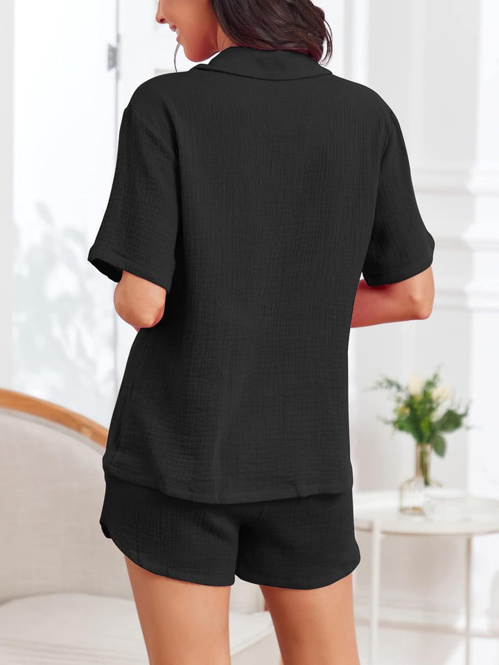 Famulily 100% Baumwolle Damen Schlafanzug Kurz Set V Ausschnitt Kurzarm Bluse mit Knöpfen und Shorts