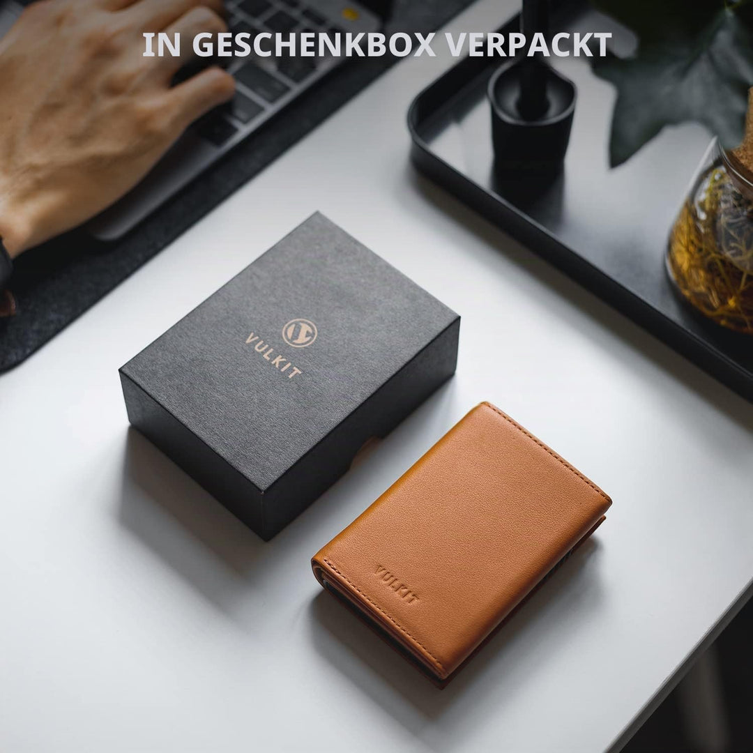VULKIT Kreditkartenetui RFID-blockierende Pop-Up-Kartentasche aus Echtem Leder mit Geldscheinfach, A