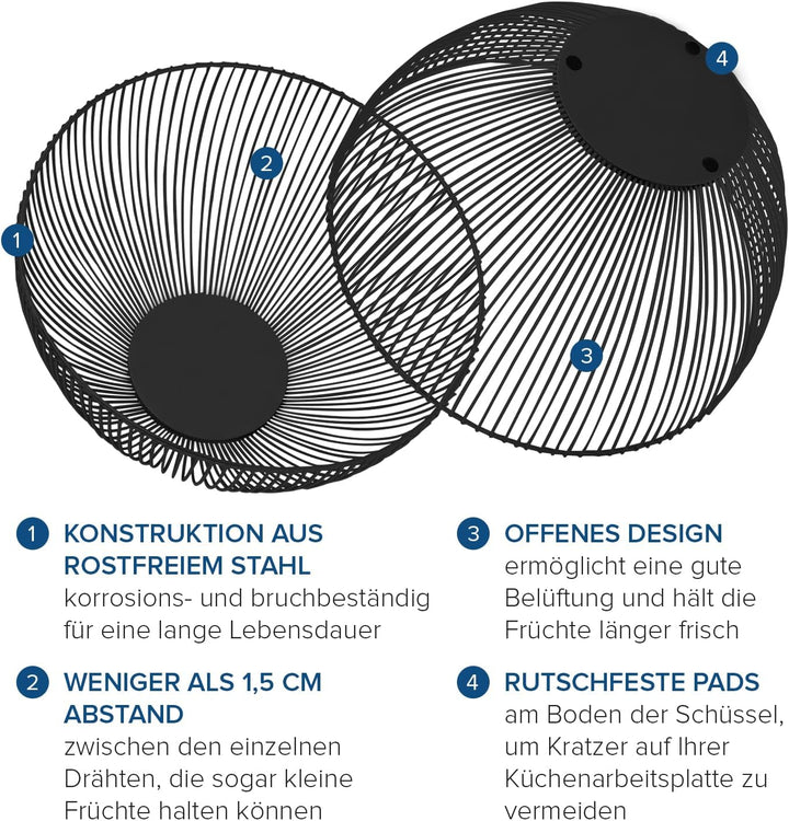 joeji's Kitchen Obstkorb für die Küche mit Kratzfesten - Anti-Rutsch-Pads - Obstschale modern - 25cm