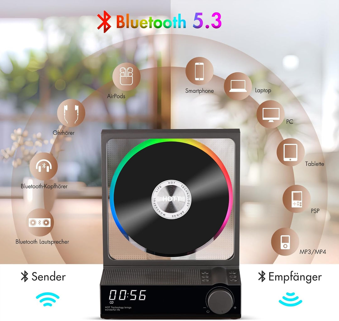 HOTT CD-Player Tragbar mit Fernbedienung, Bluetooth 5.3 Desktop CD Player mit RGB-Lichtern, Tragbare