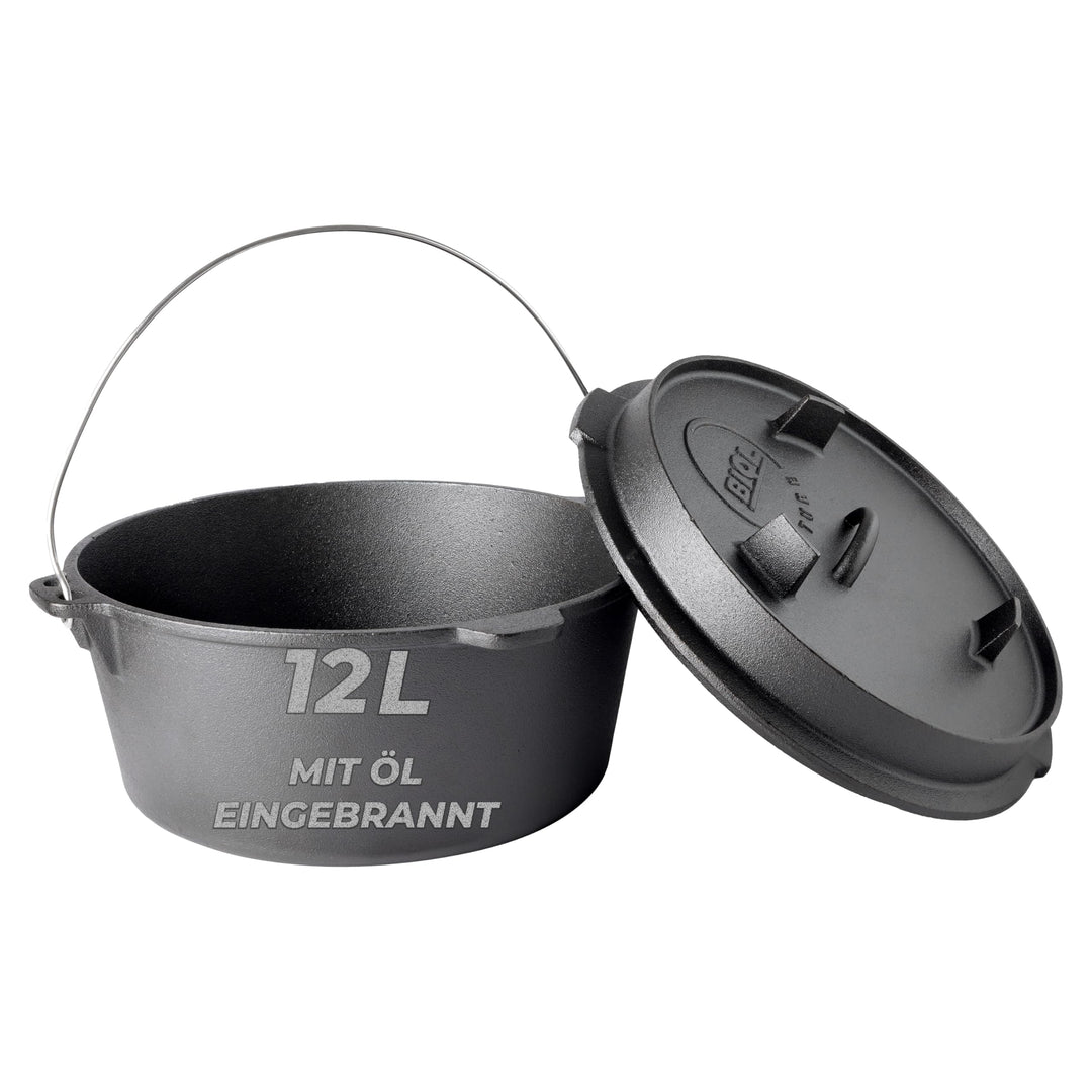 BIOL Dutch Oven 12 Liter aus Gusseisen – Eingebrannter Feuertopf mit Deckelheber und Doppelfunktions