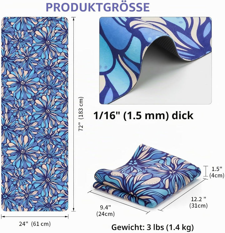 Reise-Yogamatte aus rutschfestem, faltbarem Wildleder – 1,5 mm dünn & leicht (1,4 kg), schweissabsor