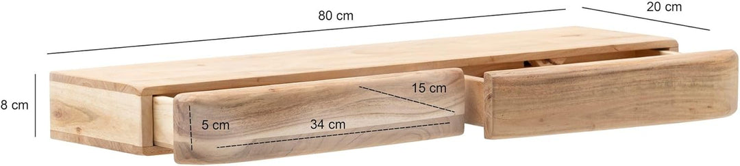 Wohnling Wandregal 80x20x8 cm Akazie Massivholz mit 2 Schubladen 80 cm, 80 cm