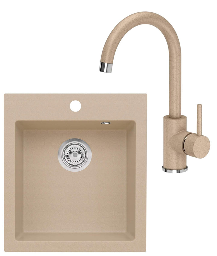 VBChome Spülbecken mit Armatur 45 x 50 cm Beige Einzelbecken Einbauspüle Spüle Küchenspüle Spültisch