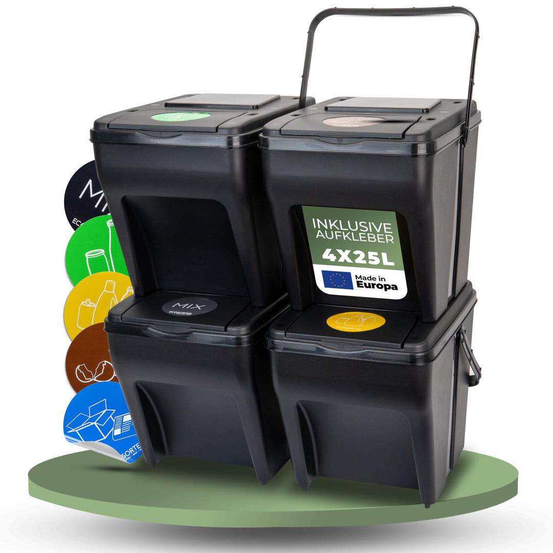 Novaliv Mülltrennsystem Set - 4x 25L Mülleimer Trennsystem - Mülleimer 4 Fächer - Mülltrennsysteme s